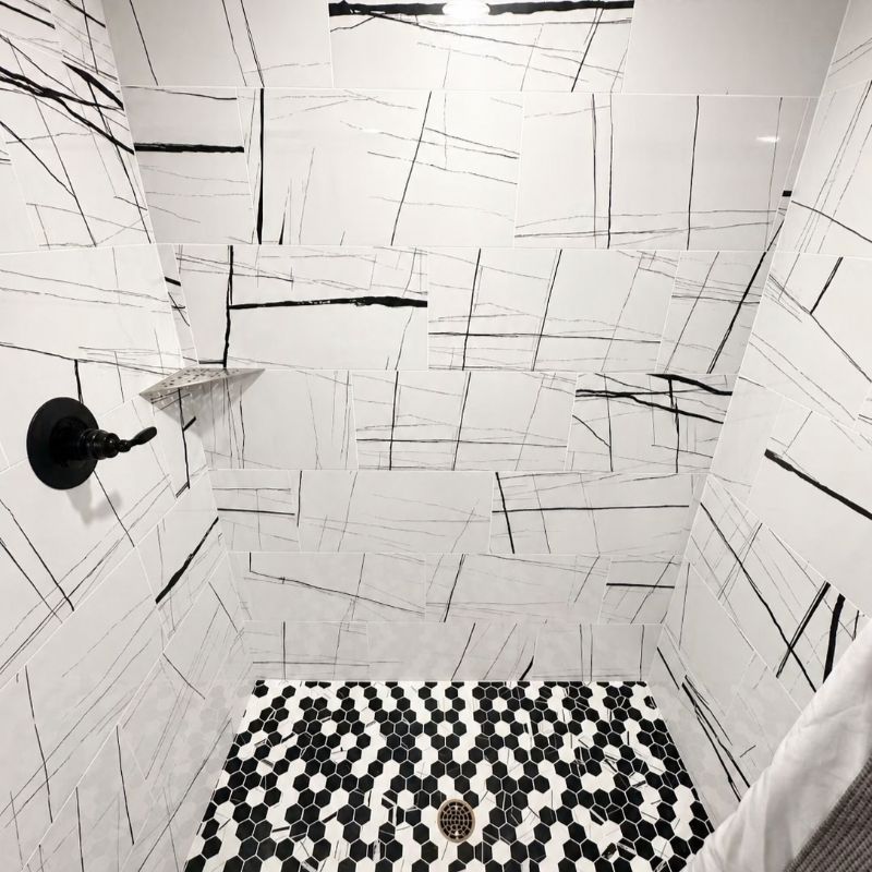 Walk in shower with custom modern tile work in the Black Hills, SD.